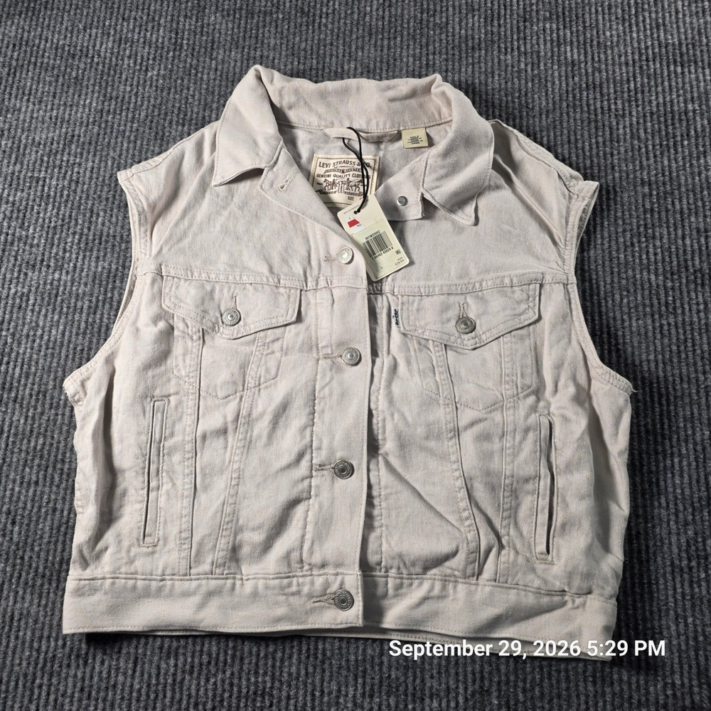 Levis Womens Denim Trucker Vest Cream Off White Sleeveless Jacket Small NWT
